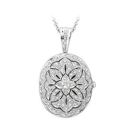 14K White Gold and DIamond Oval Locket - 1 Inch X 1-1/8 Inch White Gold