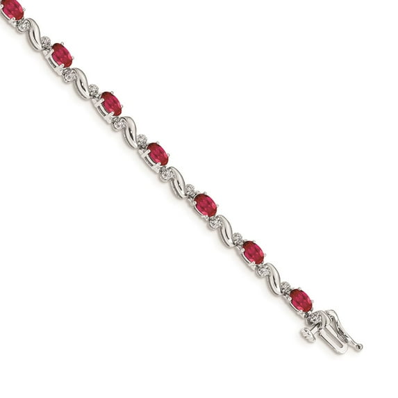 14K White Gold bracelet Gemstones Ruby Oval Red Diamond Round 7 in 4 mm