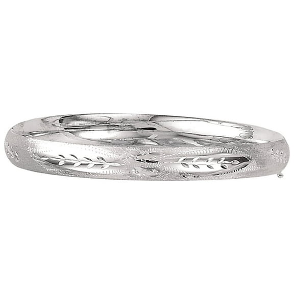 14K White Solid Gold Florentine Round Dome Classic 8mm Wide Bangle 7" Bracelet Flower Pattern with Clasp