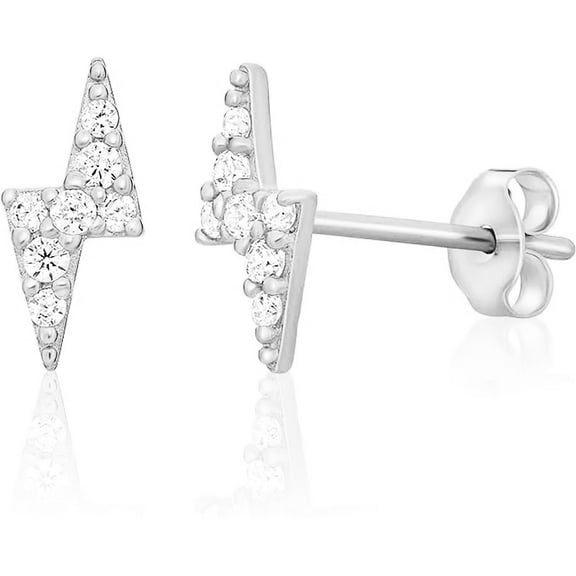 14K White Solid Gold Lightning Bolt Stud Earrings Cubic Zirconia CZ Stones