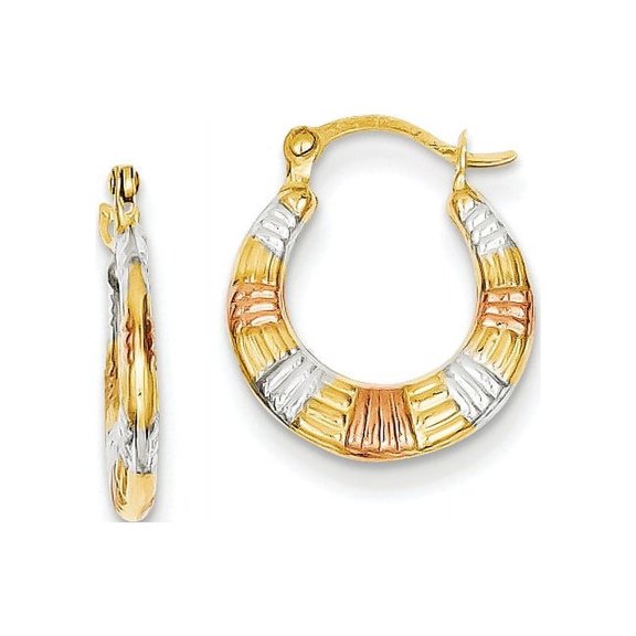14K & White and Rose Rhodium Hollow Textured Hoop Earrings