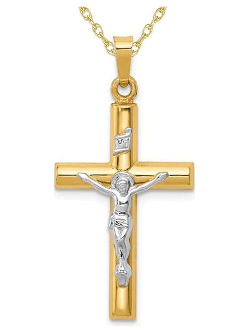 GEM AND HARMONY 14K White and Yellow Gold Crucifix Cross Pendant Necklace with Chain