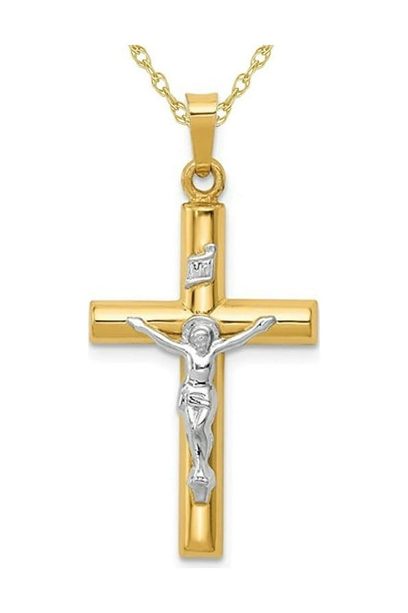 14K White and Yellow Gold Crucifix Cross Pendant Necklace with Chain for Men