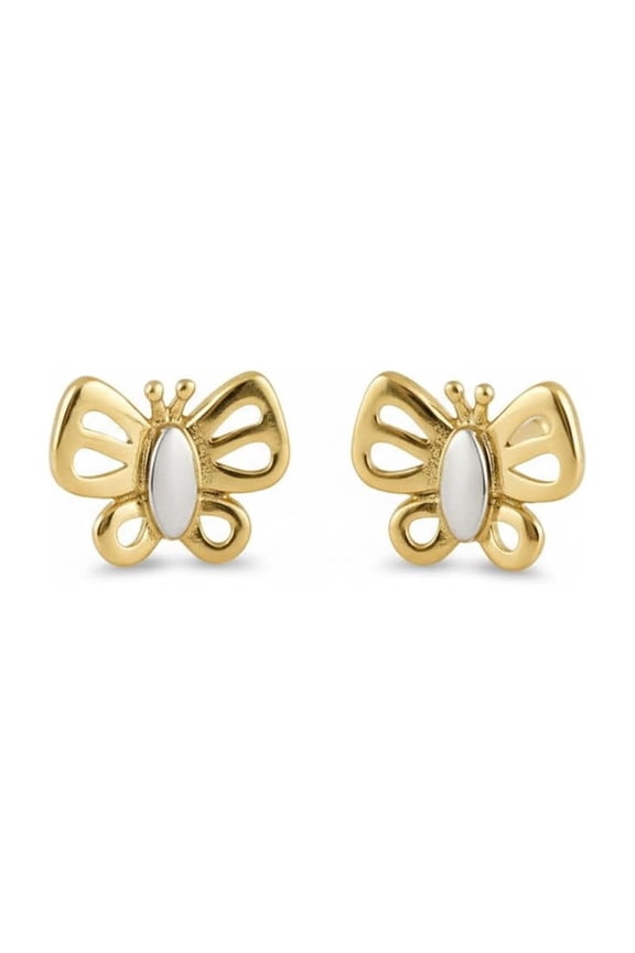 14K Solid White and Yellow Gold Tiny Butterfly Stud Earrings - 0.20in
