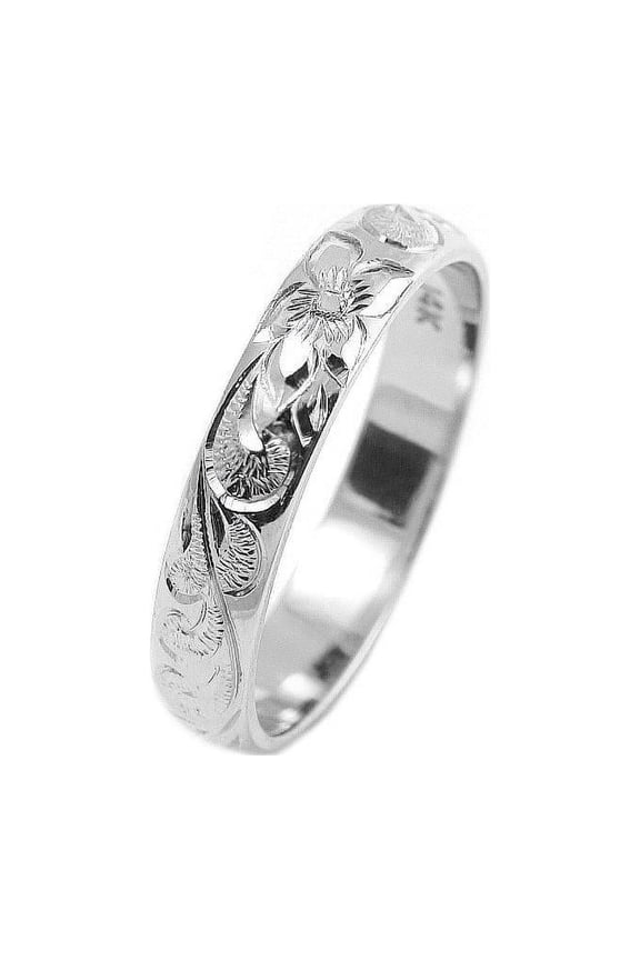 14K White gold custom hand engraved Hawaiian queen plumeria scroll band ring 4mm