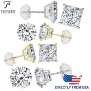 Tioneer 14K White or Yellow Gold Princess Solitaire Cut Round or Square Cubic Zirconia Silicon Push Back Ear Stud Earrings 2-8mm