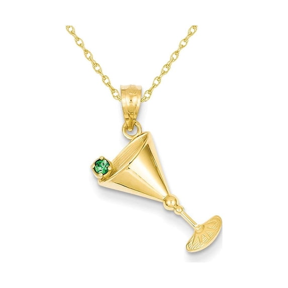 14K Yelllow Gold Martini Glass Charm with Synthetic Green Cubic Zirconia (CZ) Pendant Necklace with Chain for Women