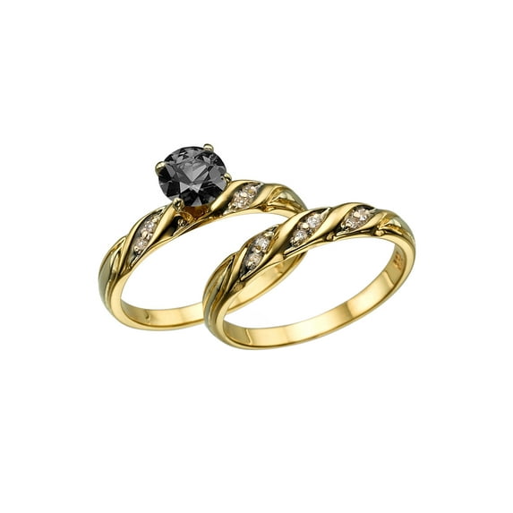 14K Yellow Gold 1.10 CTW Black Diamond Ring with Diamonds Wedding Set Engagement Rings Vintage Rings