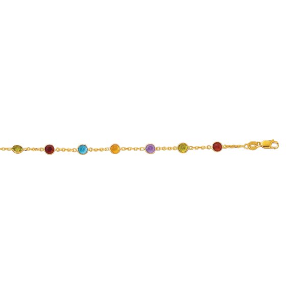 14K Yellow Gold 1.1mm Cable Chain Link Alternate Round Faceted 5 Color Stone Anklet 10" by IcedTime