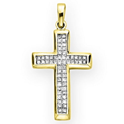 14K Yellow Gold 1/2 ct. Princess Cut Diamond Cross Pendant with Chain