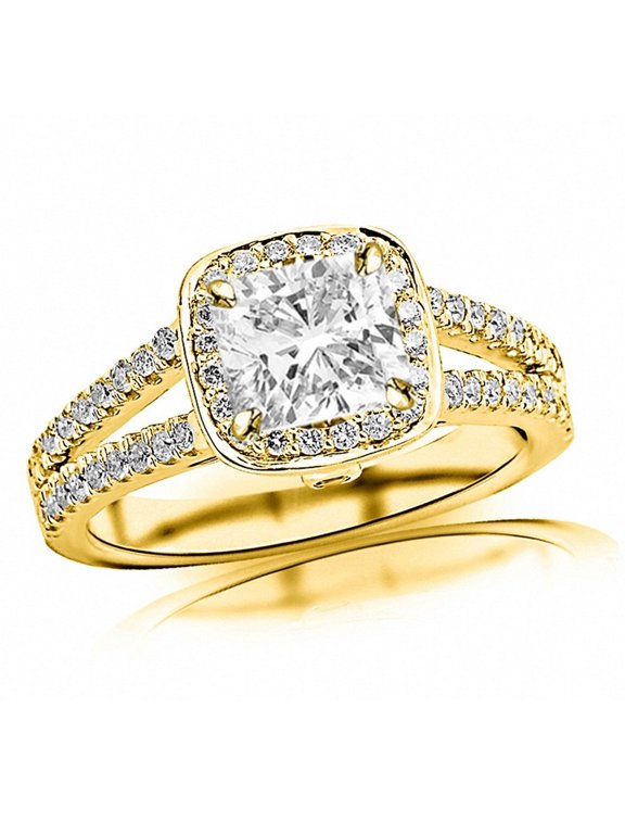 14K Yellow Gold 1.25 Carat LAB GROWN IGI CERTIFIED DIAMOND Gorgeous Split Shank Double Row Halo Style And Bezel Set Round Cushion Cut Diamond Engagement Ring (I-J Color SI1-SI2 Clarity 0.75 Ct