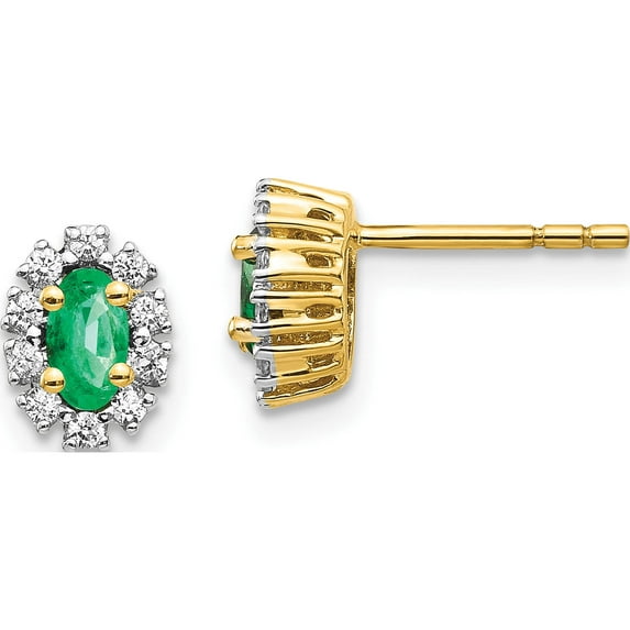 14K Yellow Gold 1/5Ct Diamond And Emerald Oval Halo Earrings (7 X 6) Made In India em5591-em-020-ya