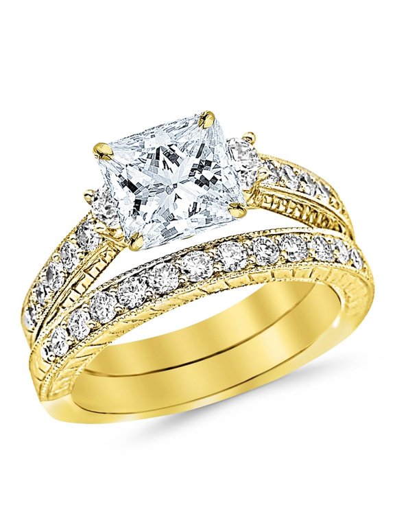 14K Yellow Gold 1.83 CTW Three Stone Vintage With Milgrain & Filigree Bridal Set with Wedding Band & Diamond Engagement Ring w/ 0.75 Ct Princess Cut G Color VS2 Clarity Center