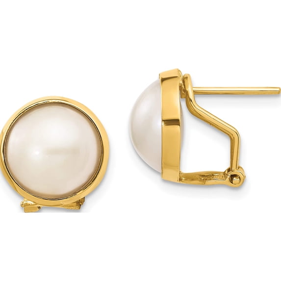 14K Yellow Gold 10-11mm White Freshwater Cultured Mabe Pearl Omega Back Earrings (18 X 18) Made In China xmp86