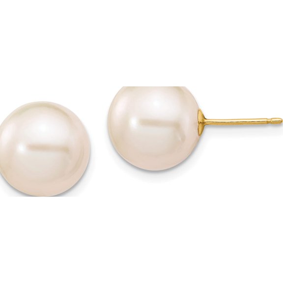 14K Yellow Gold 10-11mm White Round Freshwater Cultured Pearl Stud Post Earrings Made In Canada x100pw