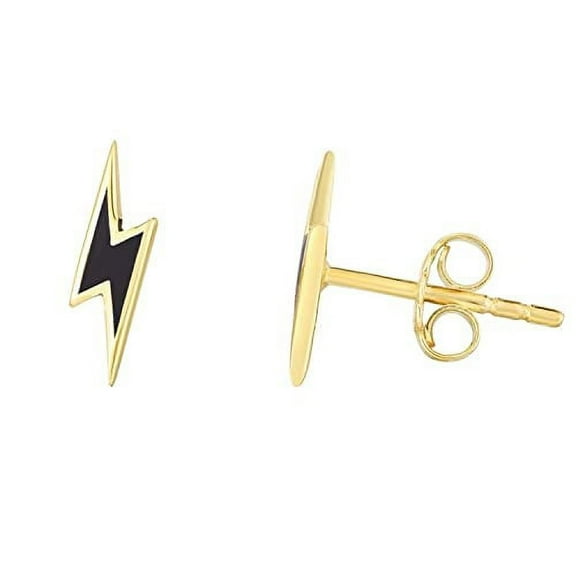 JewelStop 14k Yellow Gold 10x3mm Lightning Bolt Black Enamel Stud Earrings with Butterfly Backings for Women