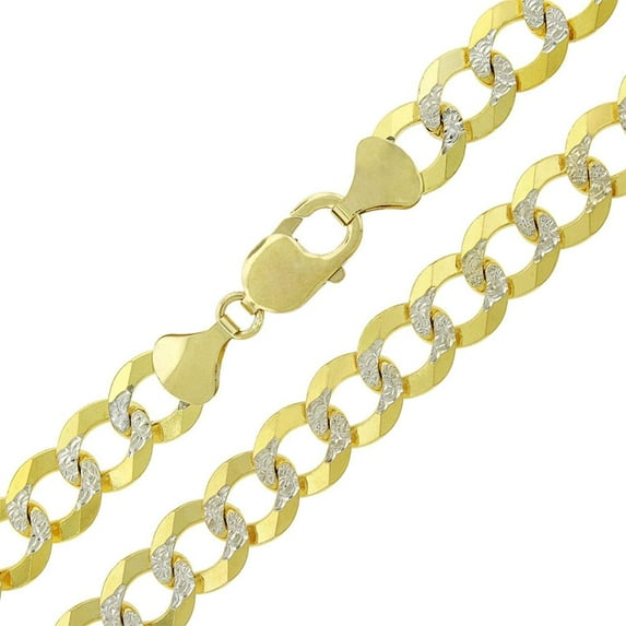 14K Yellow Gold 11MM Solid Cuban Curb Link Two-Tone Pave Chain Necklaces, Real 14K Gold, Next Level Jewelry