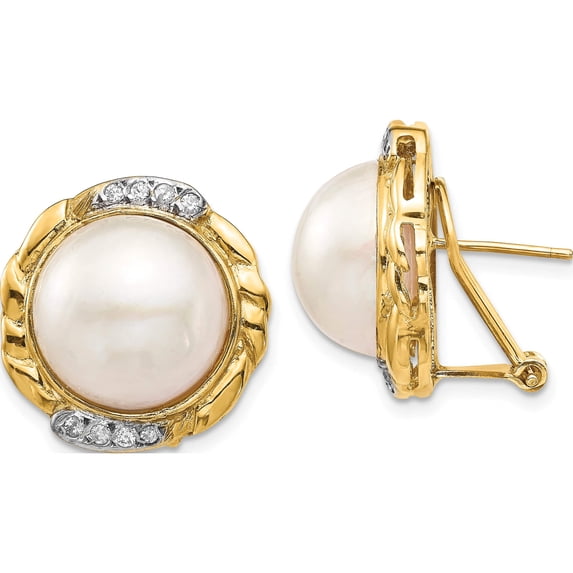 14K Yellow Gold 13-14mm White Saltwater Cultur Mabe Pearl .16Ct Dia Omega Back Earrings Made In Canada xf688e