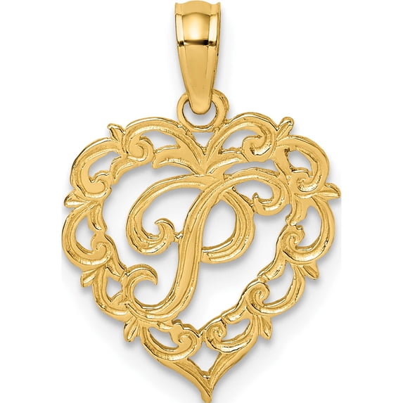 14K Yellow Gold 14Ky Heart Script Letter P Initial Charm (17.3 X 12.57) Made In United States k6424p
