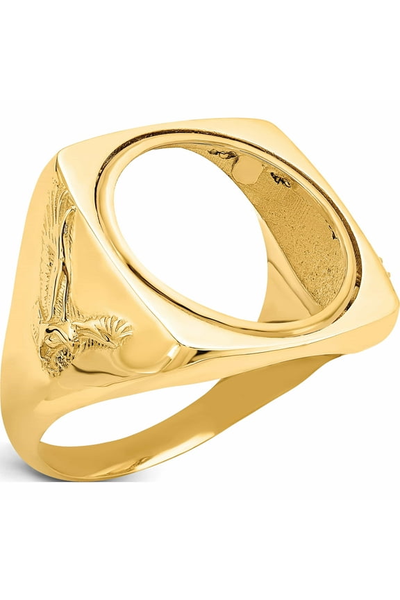 14K Yellow Gold 14Ky Men's Polished Flying Eagle Side 16.5mm Square Coin Bezel Ring (Size 10) Made In United States -Jewelry By Sweet Pea