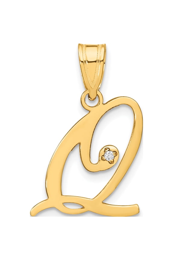 14K Yellow Gold 14KY Script Letter Q Initial Pendant with Diamond