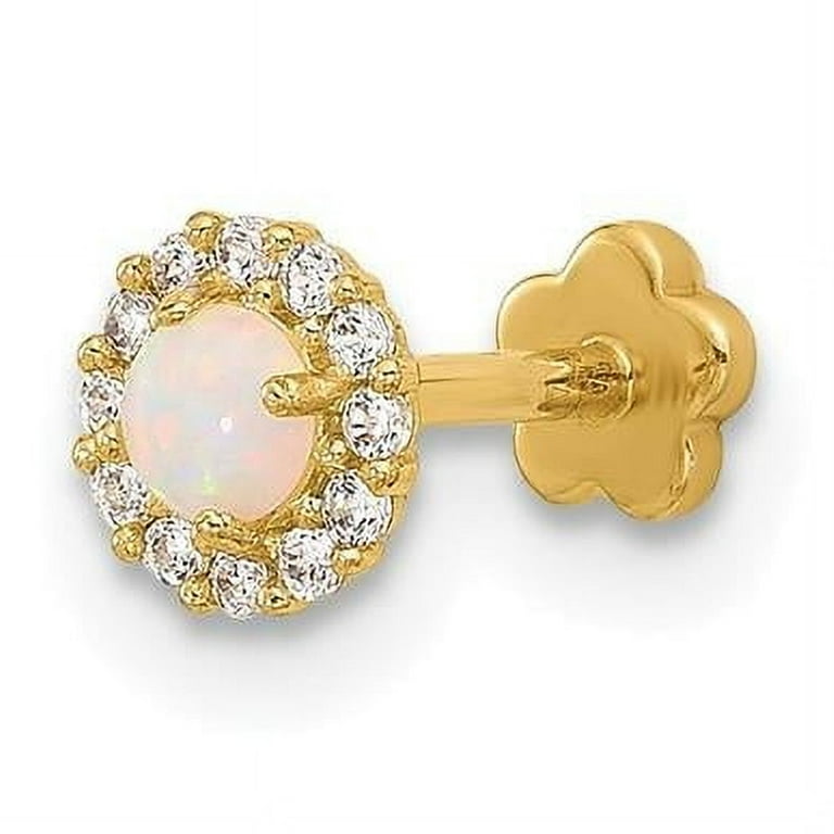 14K Gold 18 Gauge CZ and Synthetic Opal Screw-Back Cartilage Body Jewelry 14K Gold 18 Gauge CZ and Synthetic Opal Screw-Back Cartilage Body Jewelry
