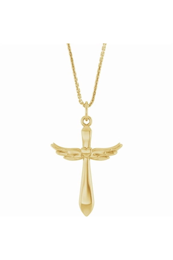 14K Yellow Gold 19.9 X 12.5 Mm 18 In Polished Heart Angel Wing Cross Necklace