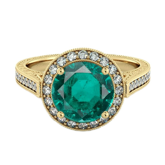14K Yellow Gold 2.10 ctw Lab Created Green Emerald Stone Ring with Diamonds Halo Filigree With Accents