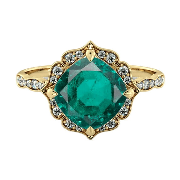 14K Yellow Gold 2.25 ctw Lab Created Green Emerald Stone Ring with Diamonds Flower Leaves Halo