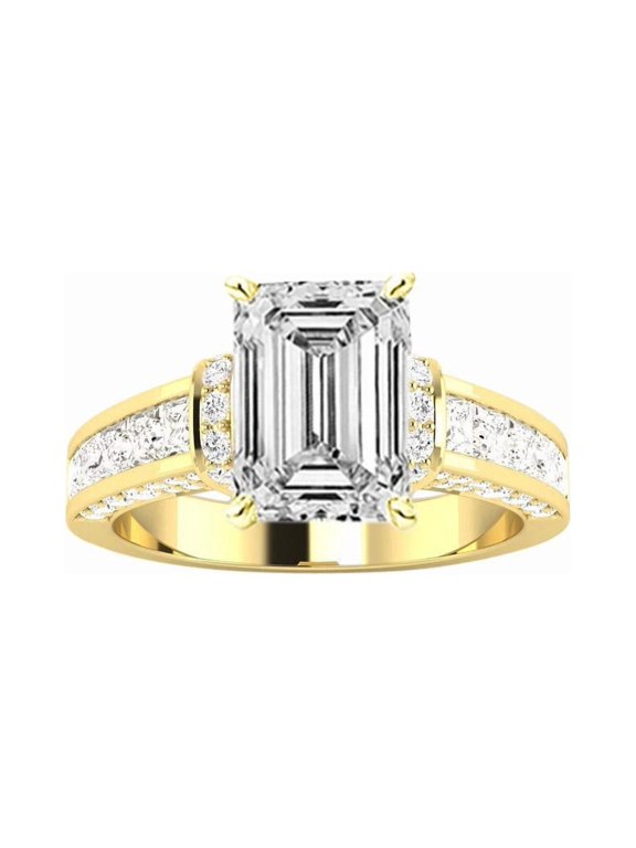14K Yellow Gold 2 Carat LAB GROWN DIAMOND Contemporary Channel Set Princess And Pave Round Cut Emerald Cut Diamond Engagement Ring (G-H Color VS1-VS2 Clarity 1 Ct Center)