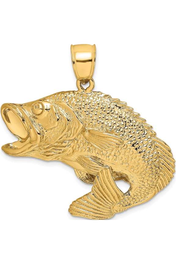 14K Yellow Gold Large 2-D Bass Fish Jumping Charm
