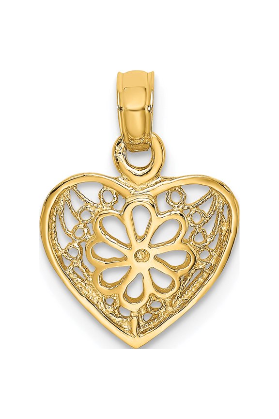 14K Yellow Gold 2-D Filigree Heart with Flower Design Charm
