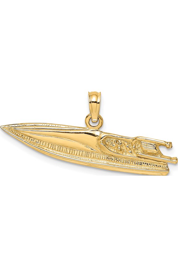 14K Yellow Gold 2-D Textured Speed Boat Charm (13 X 33.33) Made In United States k7799