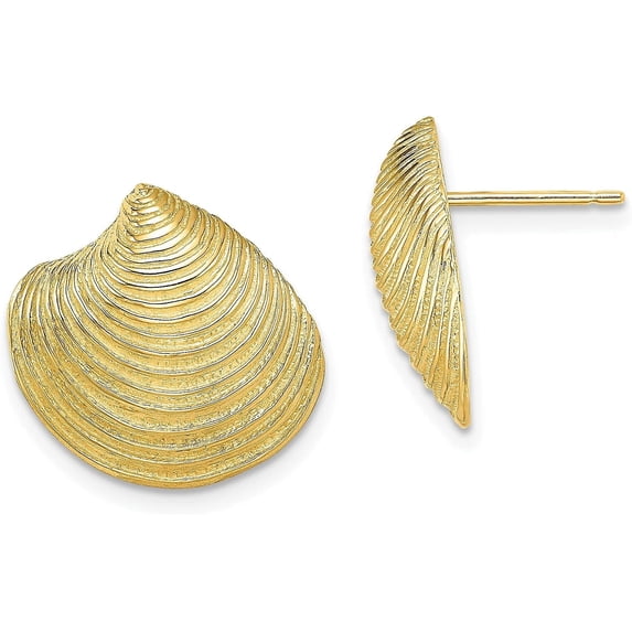 14K Yellow Gold 2-D Textured and Polished Clam Shell Post Earrings - 16.05mm