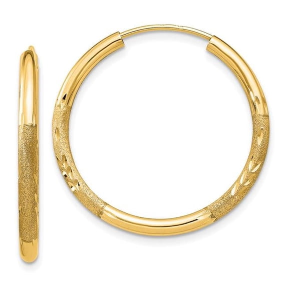 14K Yellow Gold 2 mm Satin Diamond-Cut Endless Hoop Earrings
