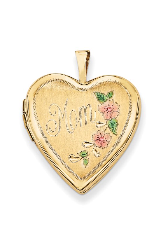 14K Yellow Gold 20mm Enamel Flowers Mom Heart Locket