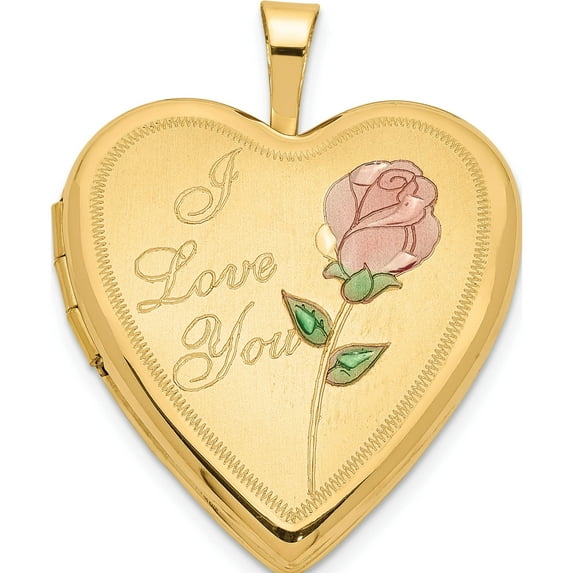 14K Yellow Gold 20mm Enameled Rose I Love You Heart Locket (24.9 X 19.65) Made In Hong Kong xl602