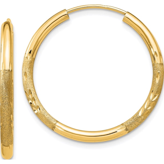 14K Yellow Gold 2mm Satin Diamond-Cut Endless Hoop Earrings (21 X 21) Made In Peru xy1178