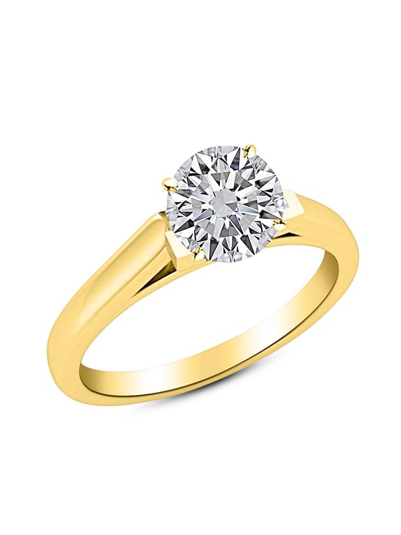 14K Yellow Gold 3/4 Carat Lab Grown Solitaire Round 4 Prong Cut Cathedral IGI Diamond Engagement Ring (0.75 Ct,D-E VVS1-VVS2
