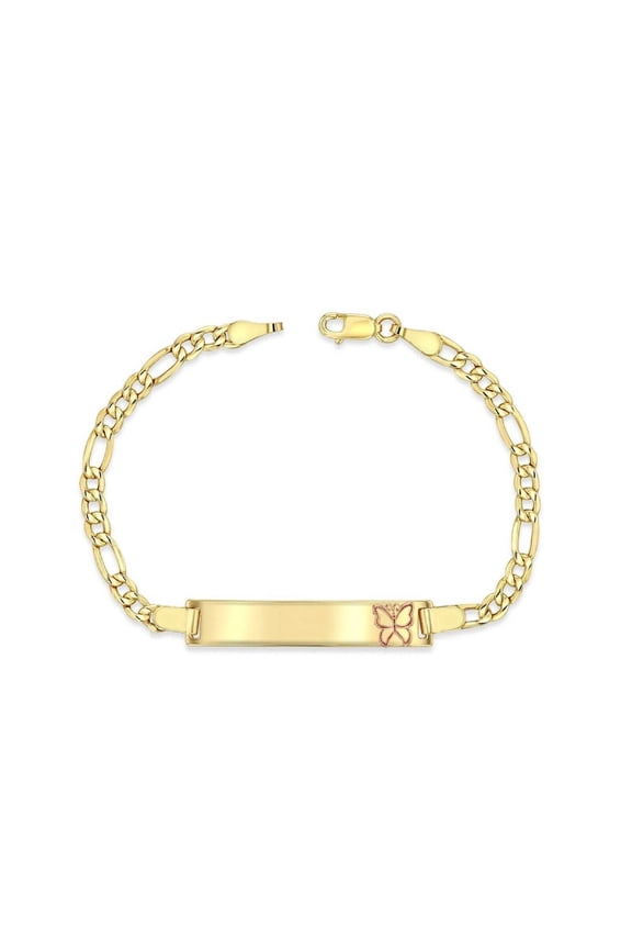 14K Yellow Gold 3.5 mm Figaro Chain Baby ID Bracelet w/ Rose Gold Butterfly, 3 gram