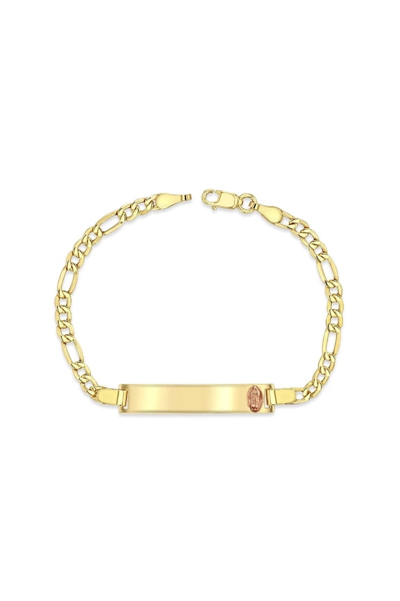 14K Yellow Gold 3.5 mm Figaro Chain Baby ID Bracelet w/ Rose Gold Guadalupe, 3 gram