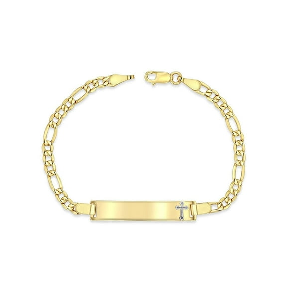 14K Yellow Gold 3.5 mm Figaro Chain Baby ID Bracelet w/ White Gold Cross, 3 gram
