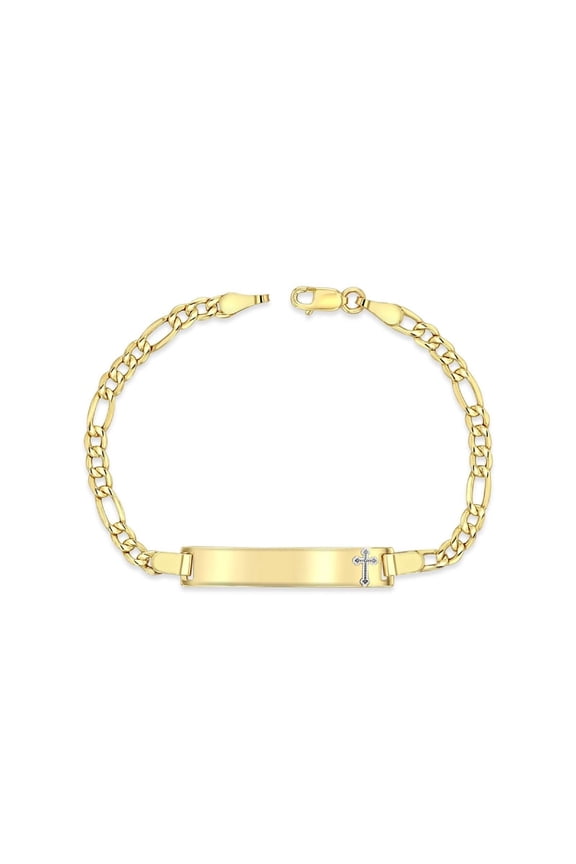 14K Yellow Gold 3.5 mm Figaro Chain Baby ID Bracelet w/ White Gold Cross, 3 gram