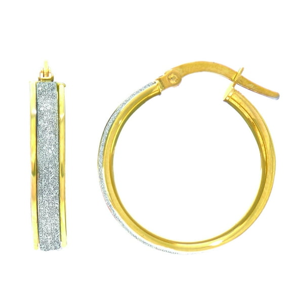 14K Yellow Gold 3.75x16mm Shiny Round Hoop Earrings with White Glitter and Hinged