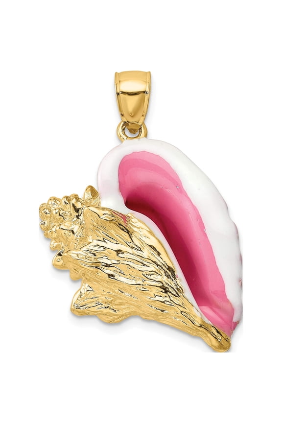 14K Yellow Gold 3-D Pink and White Enamel Large Conch Shell Charm