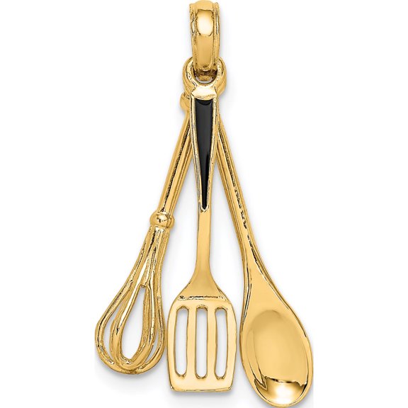 Jewelry by Sweet Pea 14K Yellow Gold 3-D Black Enamel Spatula, Wooden Spoon, Whisk Moveable Charm