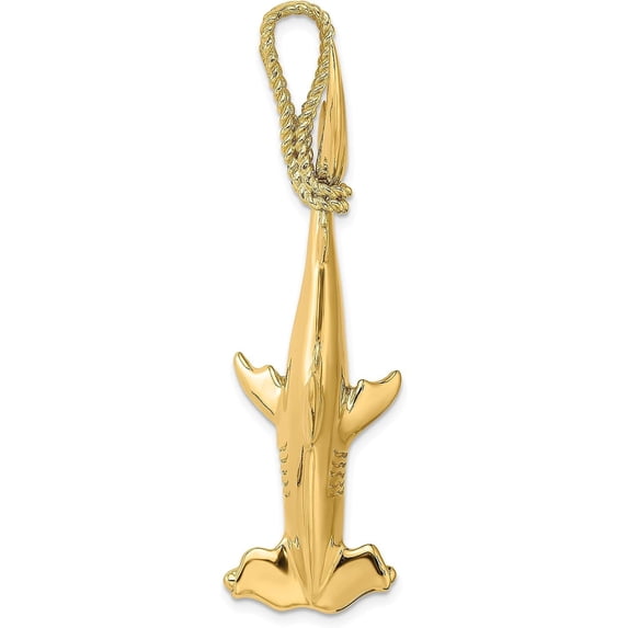 14K Yellow Gold 3-D Hammerhead Shark w/Rope Bail Charm - 55.85mm