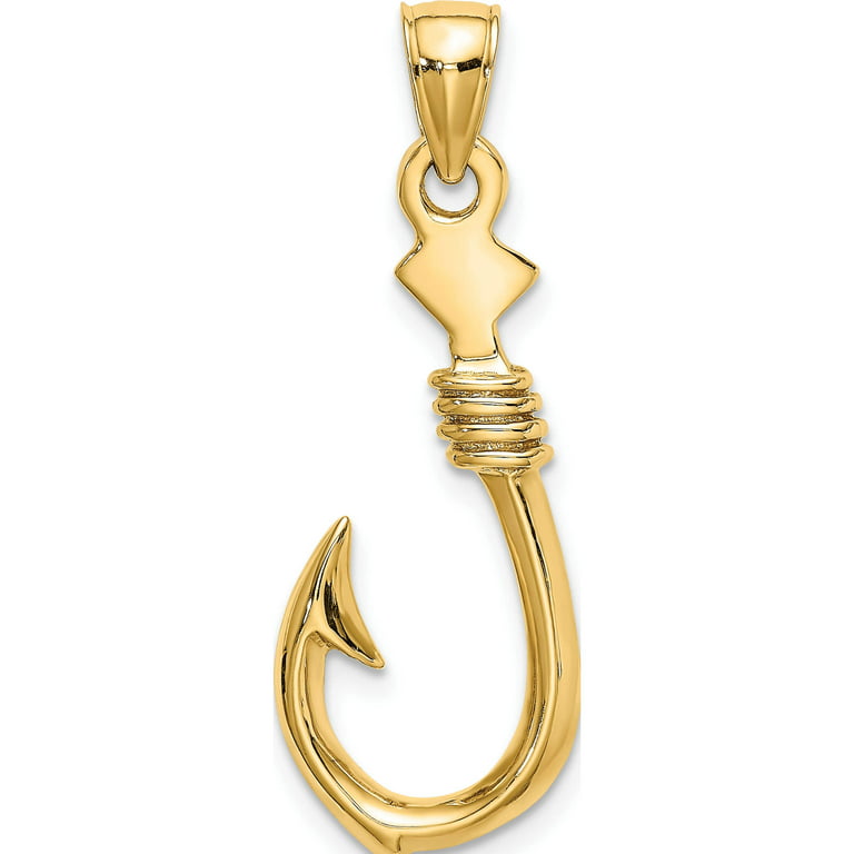 14K Yellow Gold 3-D Large Fish Hook with Rope Charm