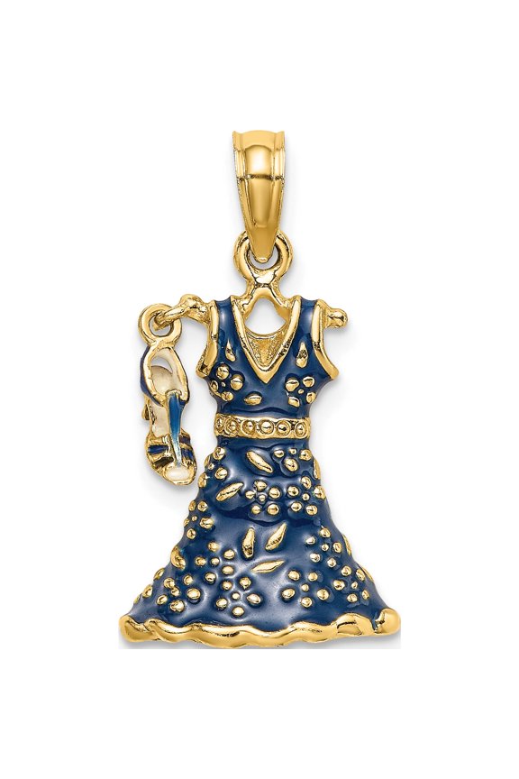 14K Yellow Gold 3-D Moveable Enamel Blue Floral Dress With Shoe Charm (15.5 X 12.4) Made In United States k7034