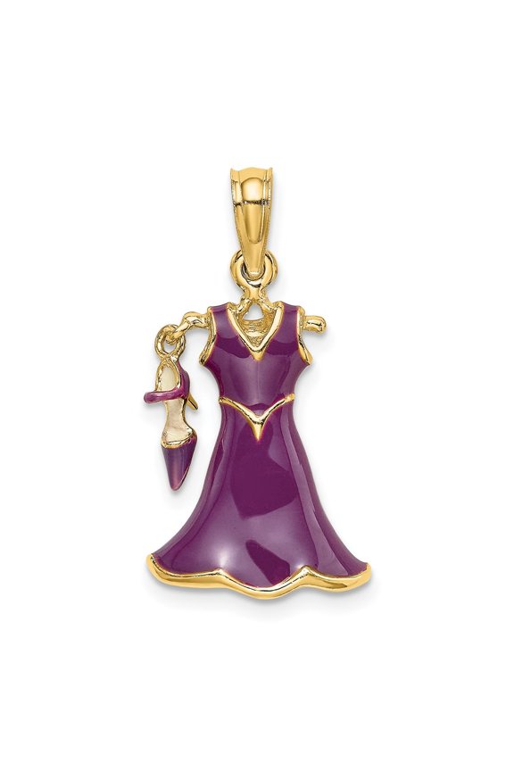 14K Yellow Gold 3-D Moveable Enamel Purple Dress w/Shoe Charm (L - 16.9 mm, W - 12.35 mm)